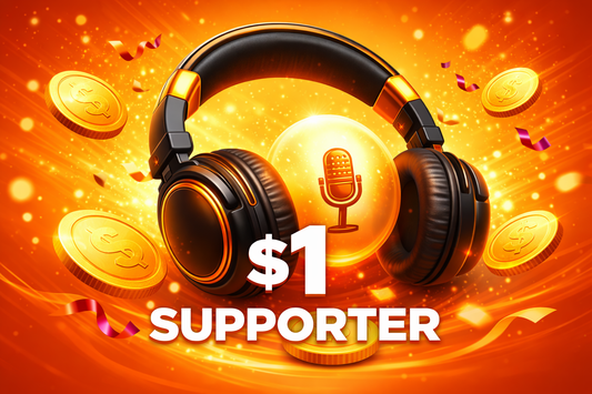 Headphones with a microphone icon, gold coins, and '$1 Supporter' text on an orange background