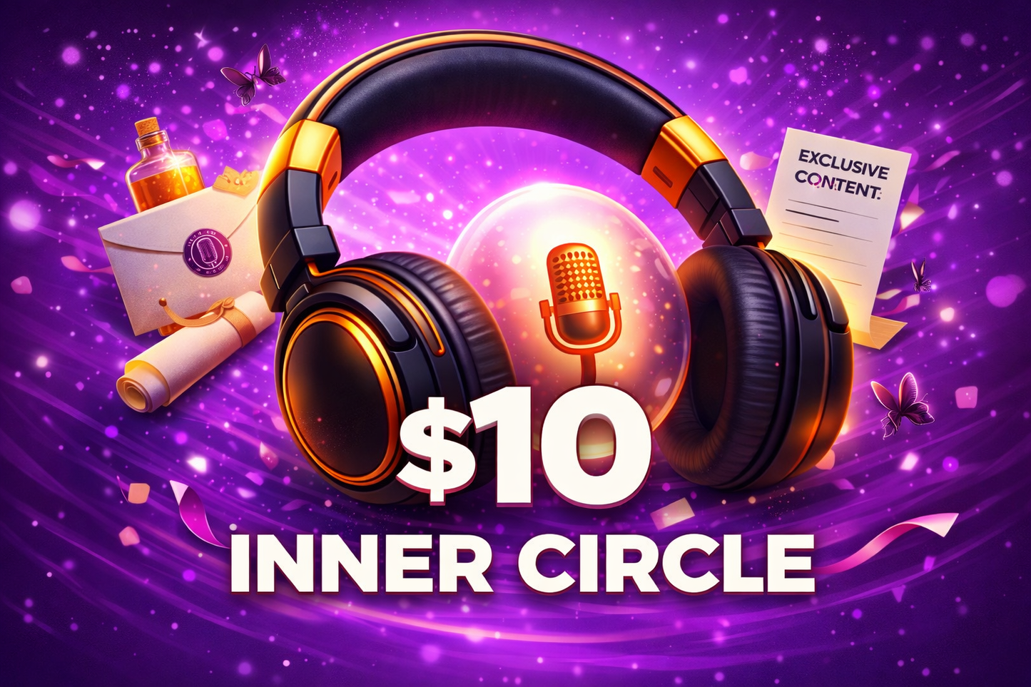 Promotional graphic with headphones, microphone, and exclusive content items on a purple background with '$10 Inner Circle' text.