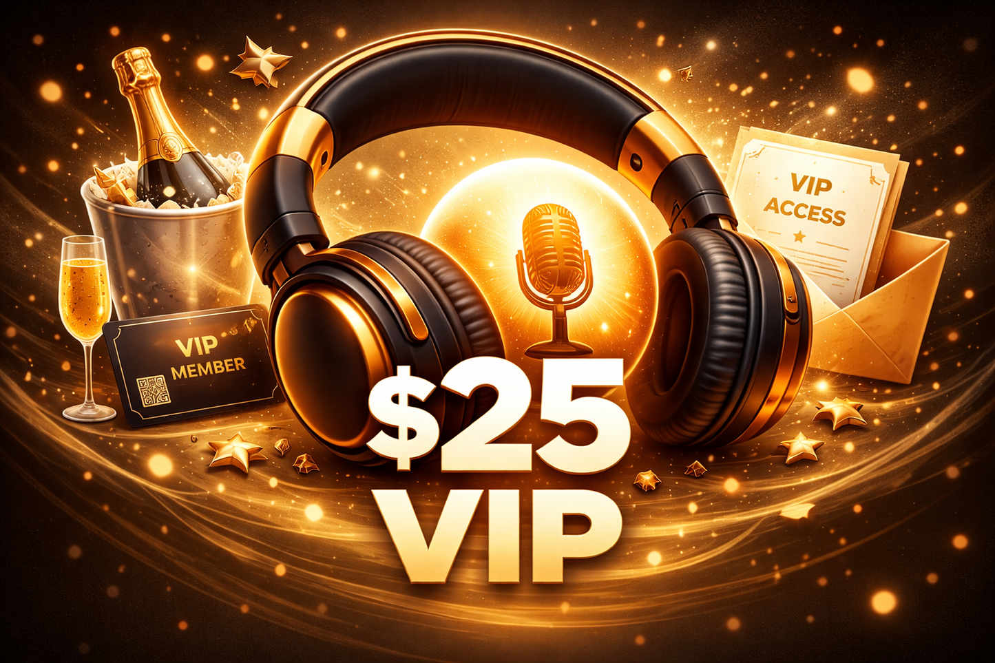 Gold headphones with a $25 VIP label, microphone, champagne, and VIP card on a dark background.