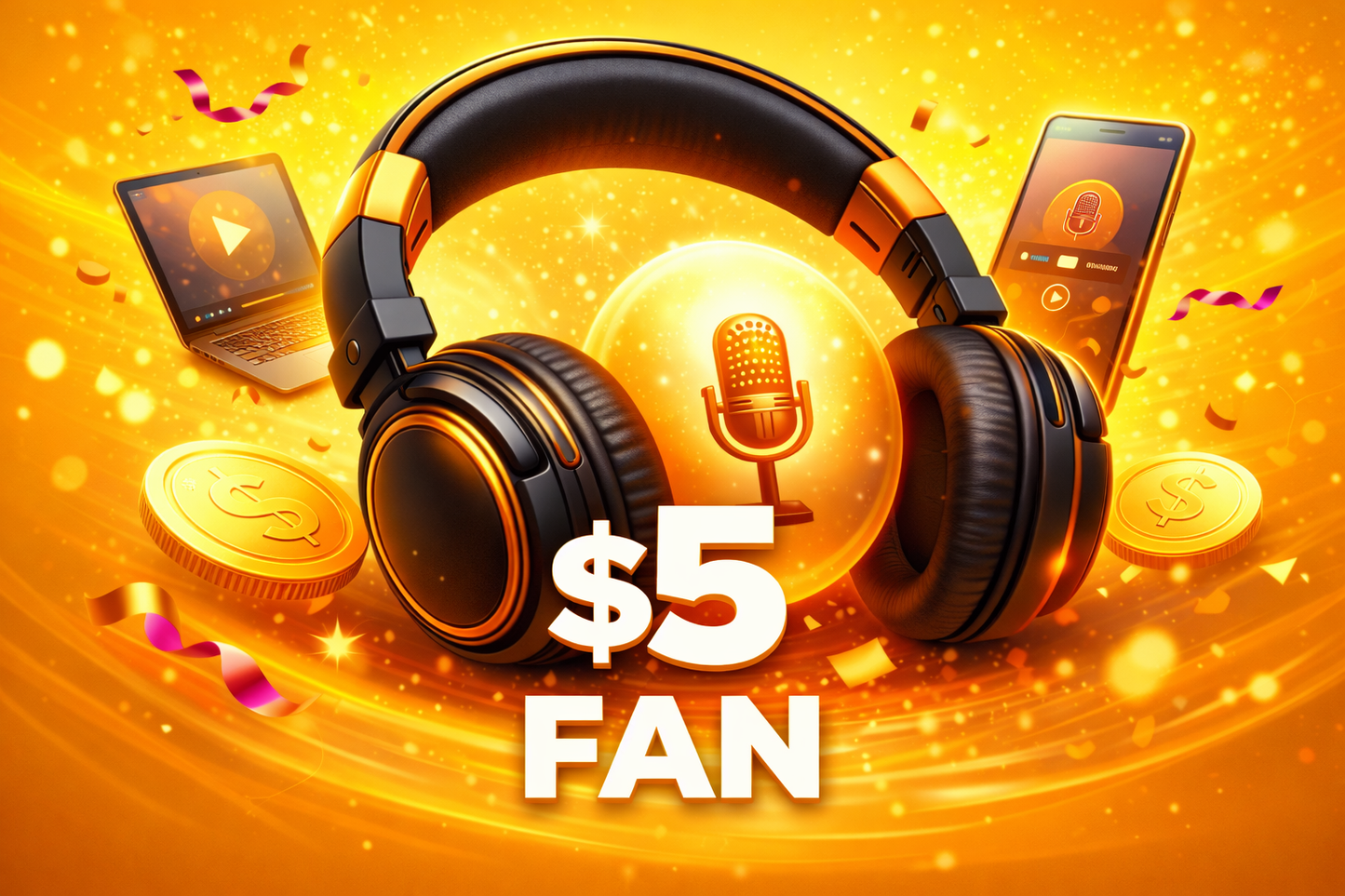 Headphones with a microphone, laptop, and smartphone on an orange background with '$5 FAN' text.