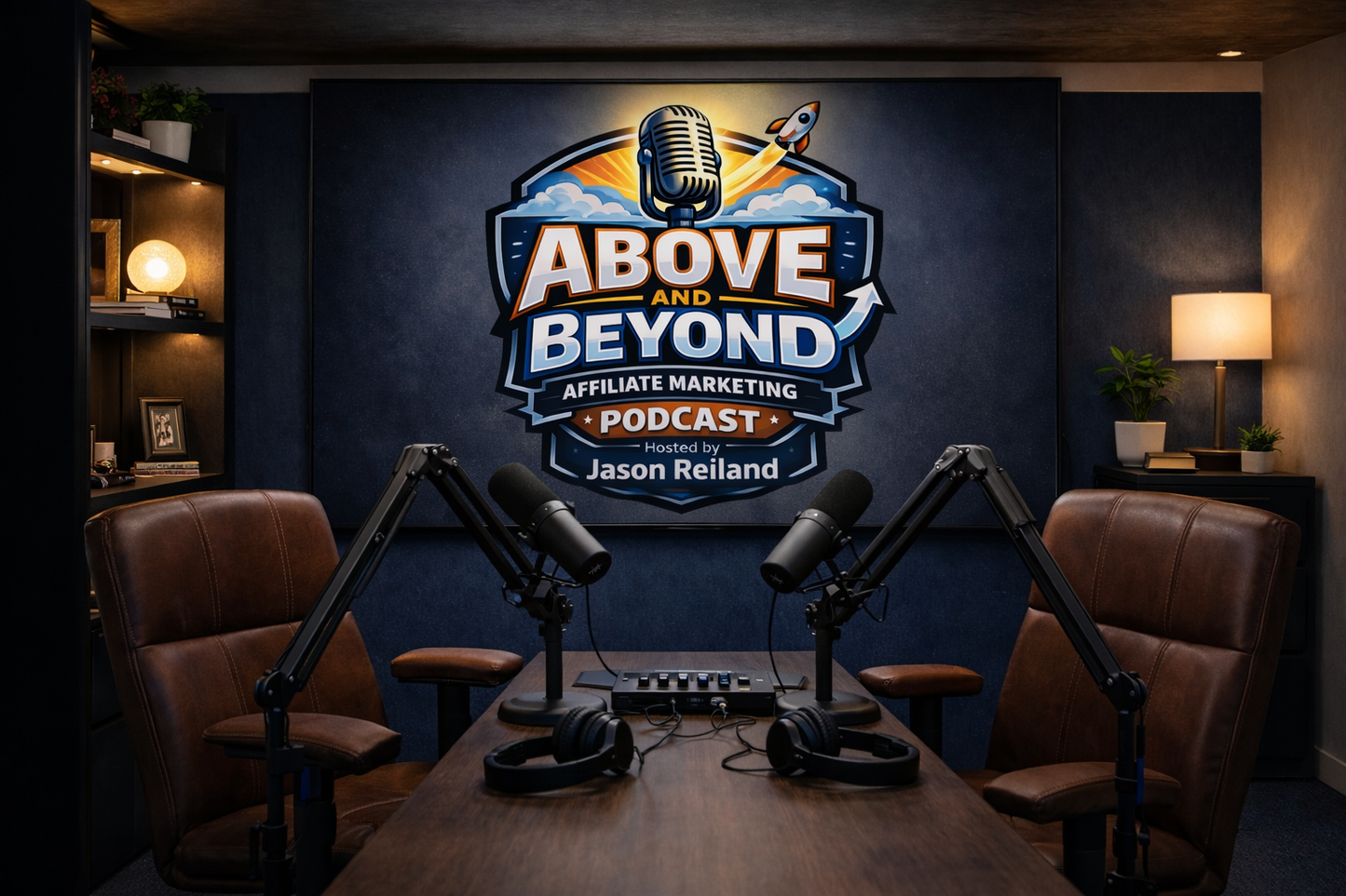 Podcast studio with 'Above and Beyond Podcast' logo on the wall