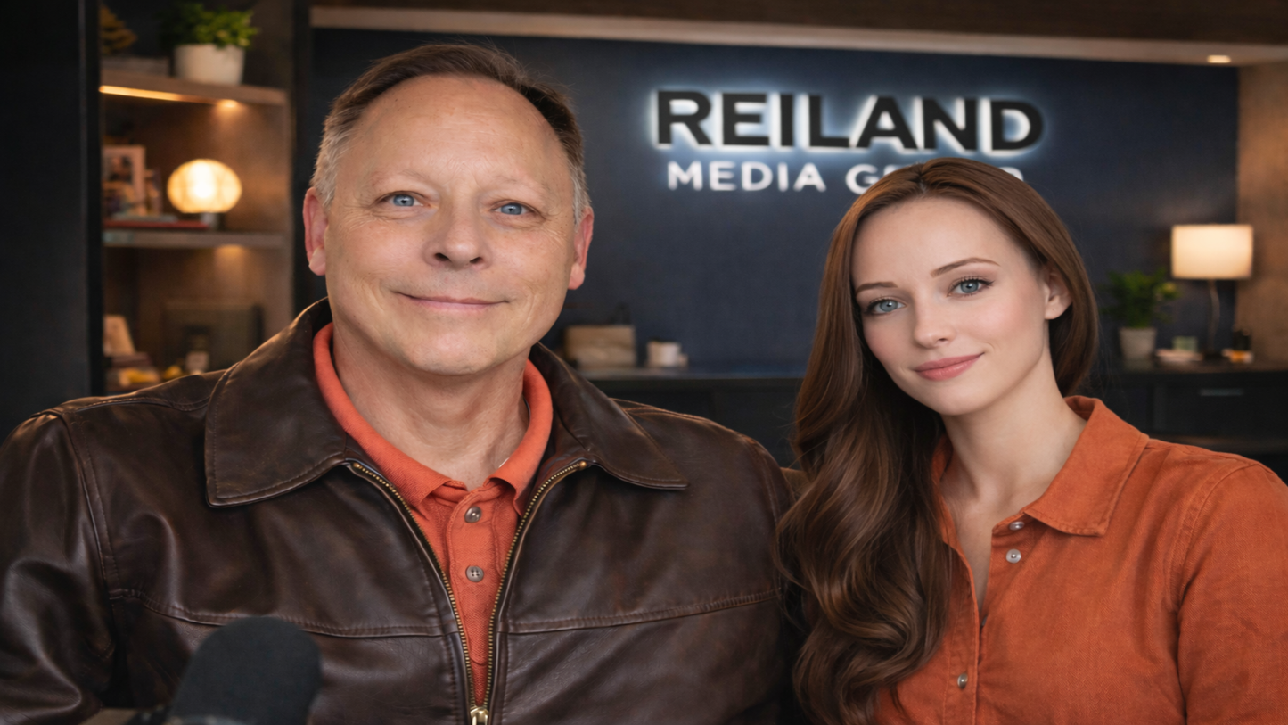 Jason Reiland and Sophia standing in the Reiland Media Group Studio for Above and Beyond Affiliate Marketing